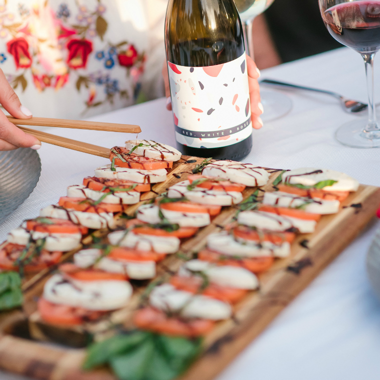 Outdoor Dinner, Caprese Salad, Personalized Wine bottle