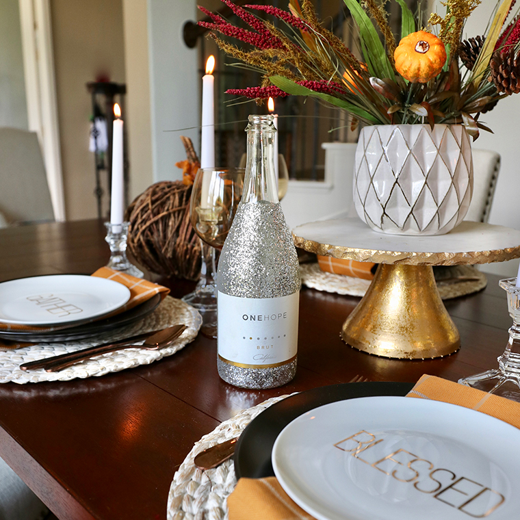 Tips To Create A Classic Autumn Tablescape-glitter bottle wine