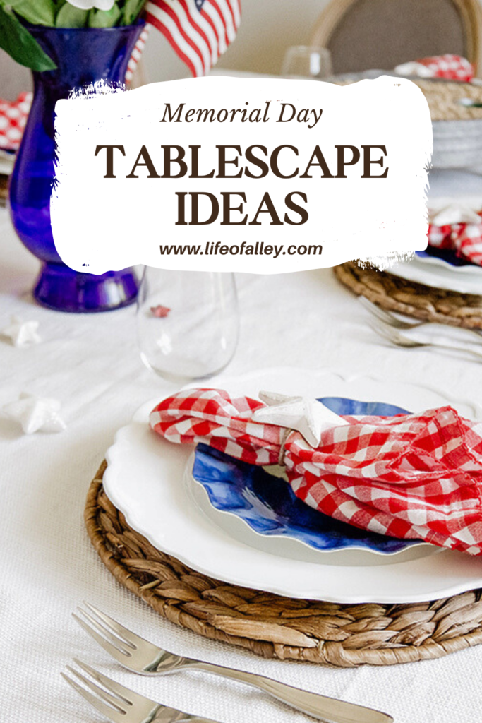 memorial day tablescape, red gingham cloth dinner napkins, starfish napkin ring holders